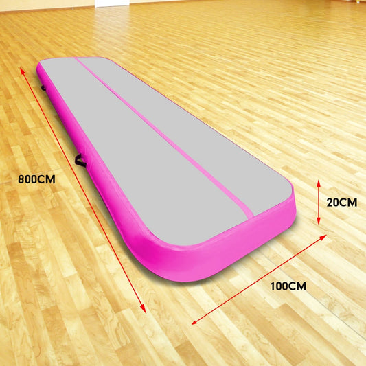 Powertrain Airtrack 20cm Thick 8m x 1m Inflatable Gymnastics Tumbling Mat Air Track - Pink