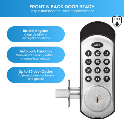MEC Digital Motorised Smart Lock 20 User Codes Auto-Lock Backlit Keypad Chrome