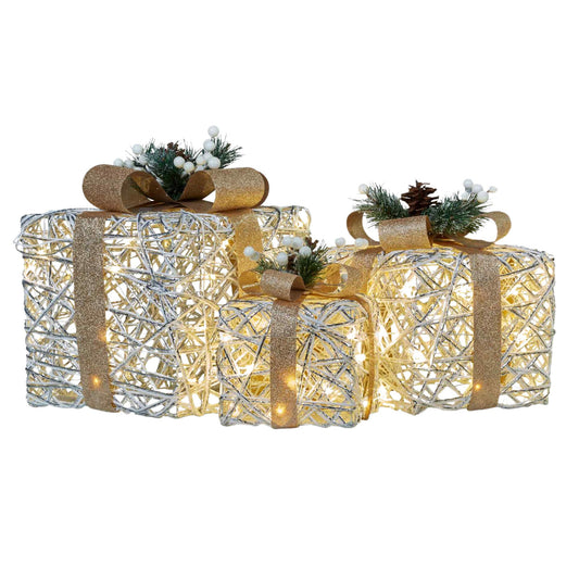 Christabelle 3 Piece Christmas Present Display Set with LED Lights & Gold Bows