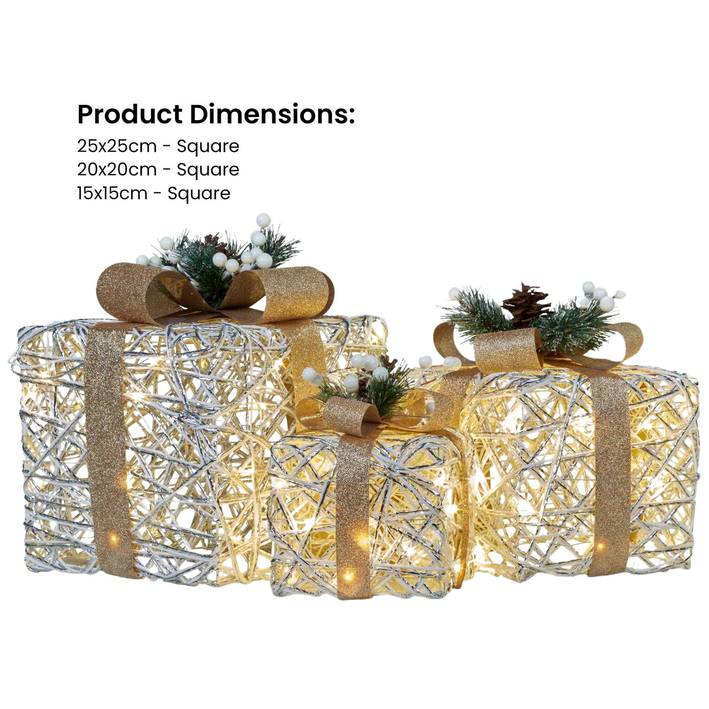 Christabelle 3 Piece Christmas Present Display Set with LED Lights & Gold Bows