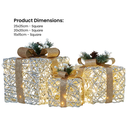 Christabelle 3 Piece Christmas Present Display Set with LED Lights & Gold Bows