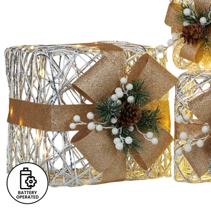 Christabelle 3 Piece Christmas Present Display Set with LED Lights & Gold Bows