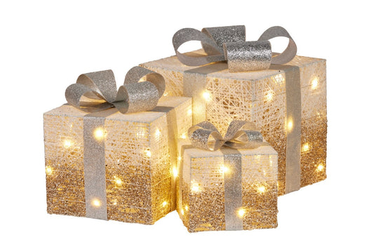 Christabelle 3 Piece Christmas Present Display Set with Lights - Champagne Finish