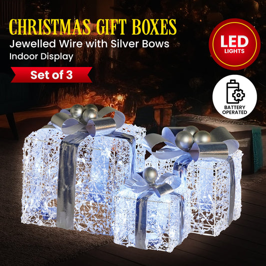 Christabelle Set of 3 Christmas Gift Boxes Display With Lights Jewelled Wire and Silver Bows