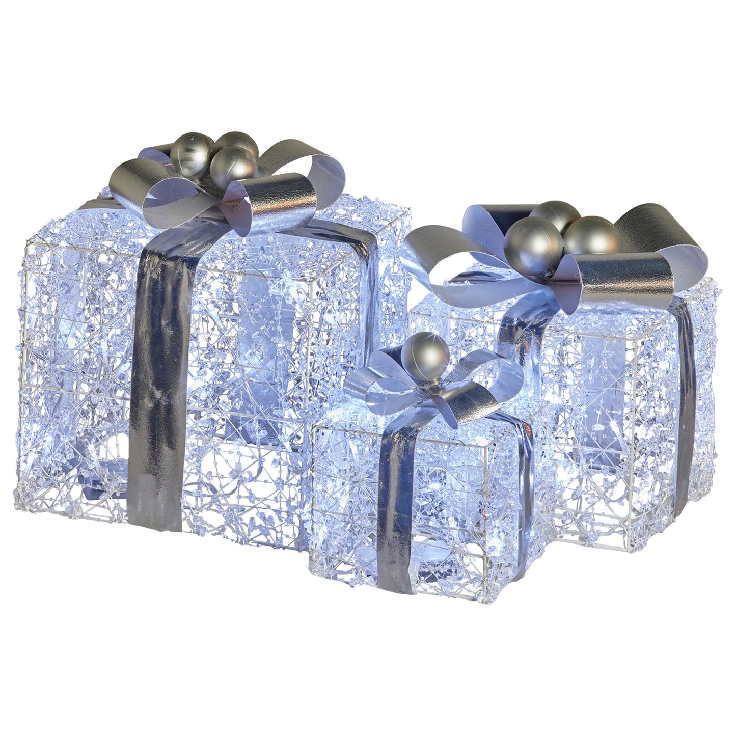 Christabelle Set of 3 Christmas Gift Boxes Display With Lights Jewelled Wire and Silver Bows