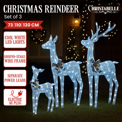 Christabelle Christmas Reindeer Display Set 3 Indoor Outdoor Decorations Acrylic Beads Cool White LED Lights Silver