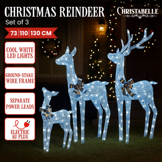 Christabelle Christmas Reindeer Display Set 3 Indoor Outdoor Decorations Acrylic Beads Cool White LED Lights Silver