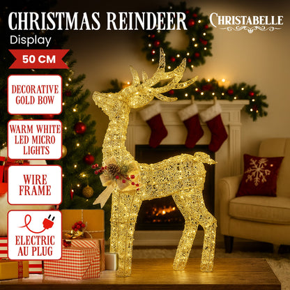 Christabelle Light Up Christmas Reindeer Display Indoor Outdoor Decoration Warm White LED Lights Gold Bow Wire Frame