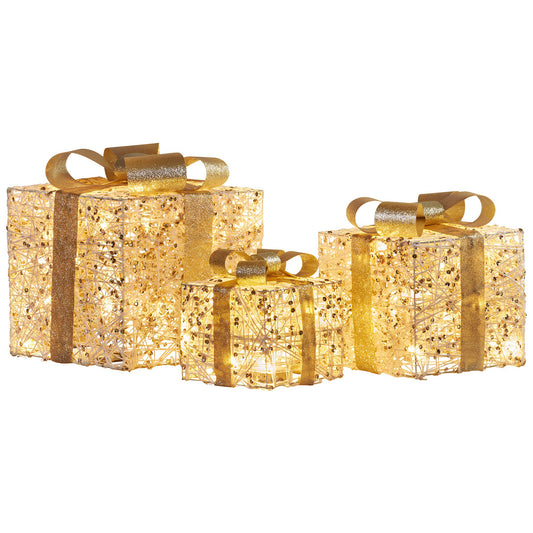 Christabelle Battery Operated Golden Christmas Gift Boxes with Lights & Gold Bows - Set of 3