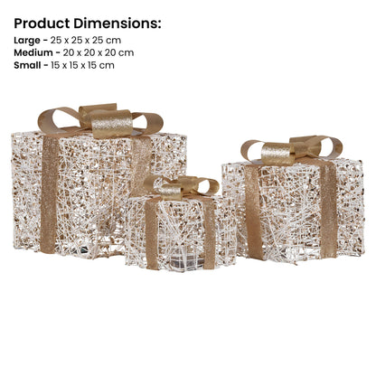 Christabelle Battery Operated Golden Christmas Gift Boxes with Lights & Gold Bows - Set of 3