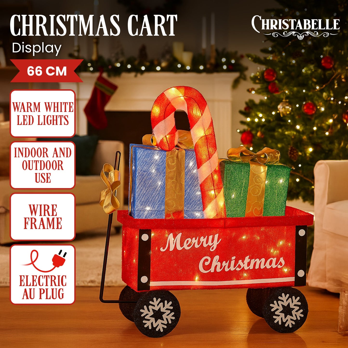 Christabelle Christmas Cart Display Candy Cane Presents LED Lights Indoor Outdoor Front Yard Decoration Ornament