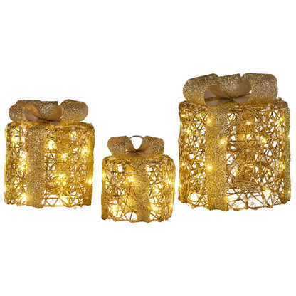 Christabelle Set of 3 Golden Christmas Gift Boxes LED Lights Indoor Holiday Decoration Ornament