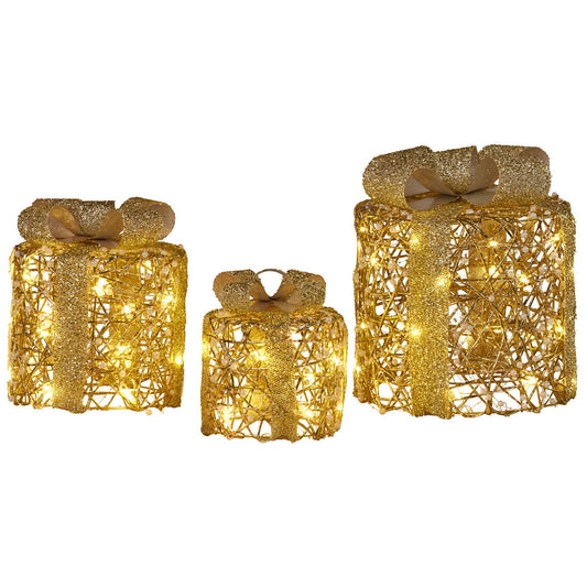 Christabelle Battery Operated Golden Cylindrical Christmas Gift Boxes with Lights - Set of 3