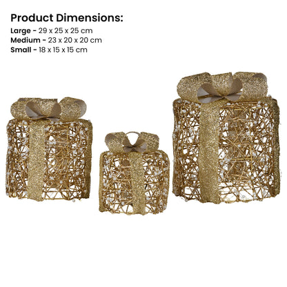 Christabelle Battery Operated Golden Cylindrical Christmas Gift Boxes with Lights - Set of 3