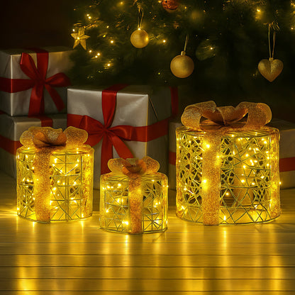 Christabelle Battery Operated Golden Cylindrical Christmas Gift Boxes with Lights - Set of 3