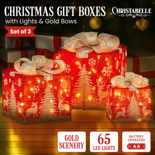 Christabelle Battery Operated Red Christmas Gift Boxes with Lights, Gold Scenery & Gold Bows - Set of 3