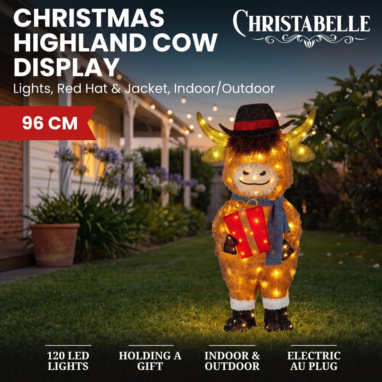 Christabelle 96cm Highland Cow Christmas Light Up Display LED Novelty Animal Gift Outdoor Indoor Xmas Yard Lawn Statue