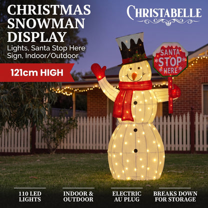 Christabelle 1.21m Snowman Christmas Light Up Display LED Santa Stop Here Sign Outdoor Indoor Xmas Yard Lawn Statue