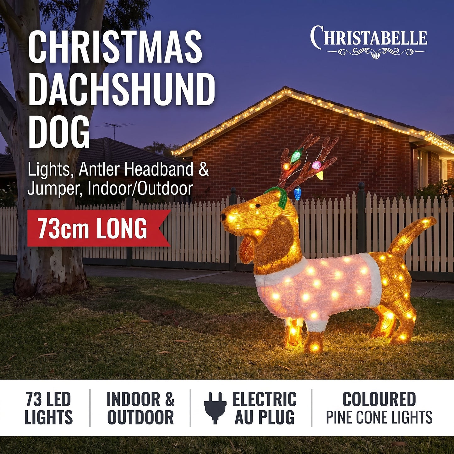 Christabelle 73cm Dachshund Dog Christmas Light Up Display Pine Cone Lights Outdoor Indoor Xmas Yard Lawn Statue