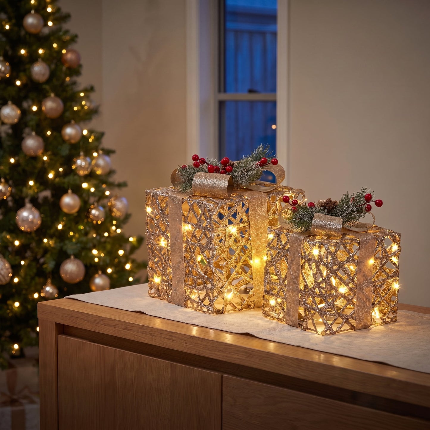 Christabelle 2 Pale Champagne Christmas Gift Boxes Light Up Display 35cm 28cm Indoor Xmas Festive Decoration