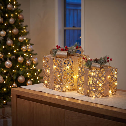 Christabelle 2 Pale Champagne Christmas Gift Boxes Light Up Display 35cm 28cm Indoor Xmas Festive Decoration