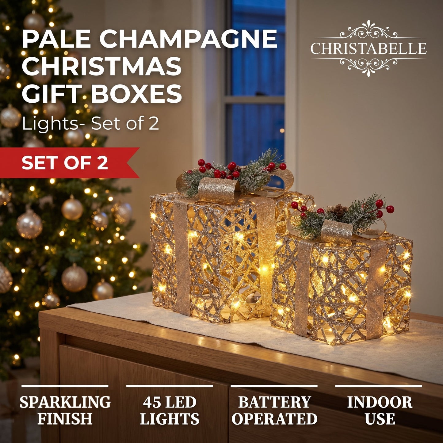Christabelle 2 Pale Champagne Christmas Gift Boxes Light Up Display 35cm 28cm Indoor Xmas Festive Decoration