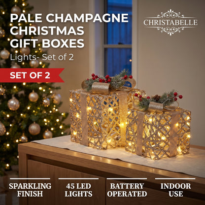 Christabelle 2 Pale Champagne Christmas Gift Boxes Light Up Display 35cm 28cm Indoor Xmas Festive Decoration