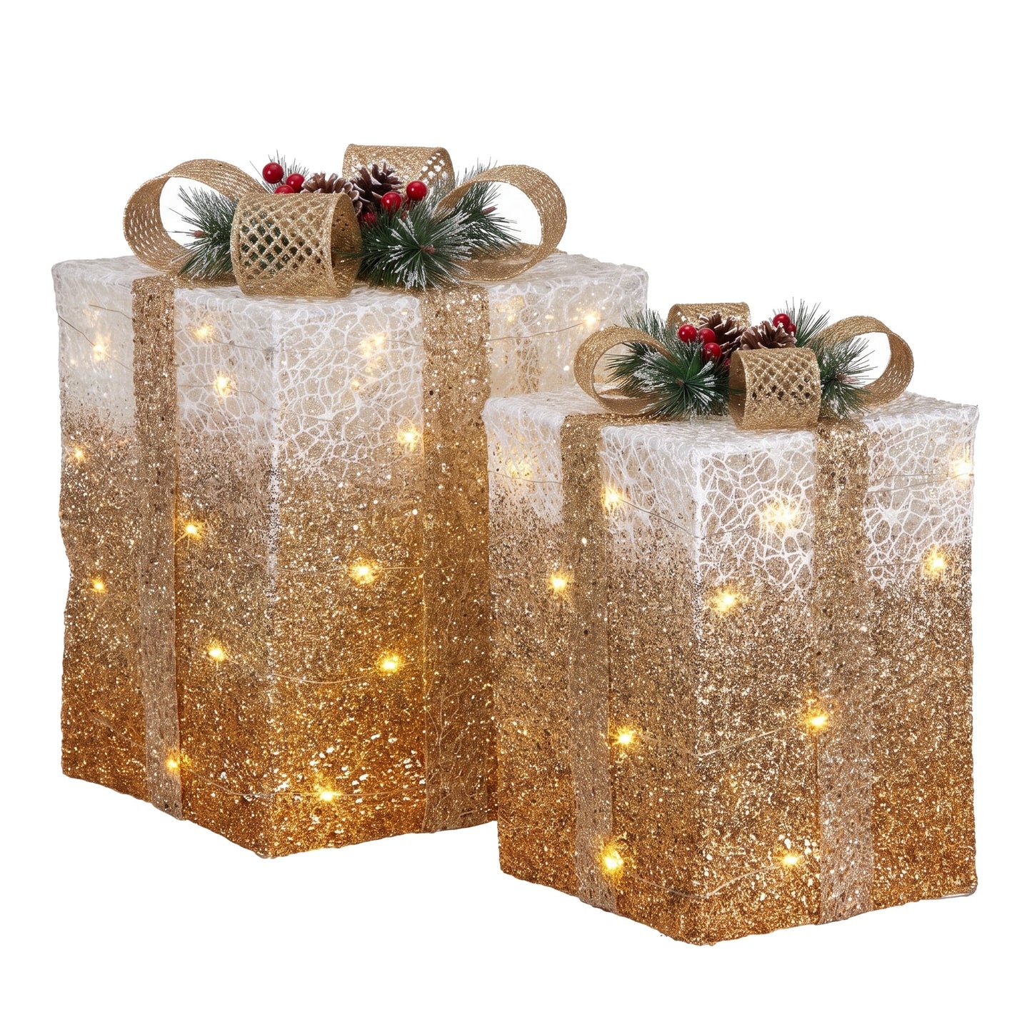Christabelle 2 Gold White Christmas Gift Boxes Light Up Display 41cm 35cm Indoor Xmas Festive Decoration