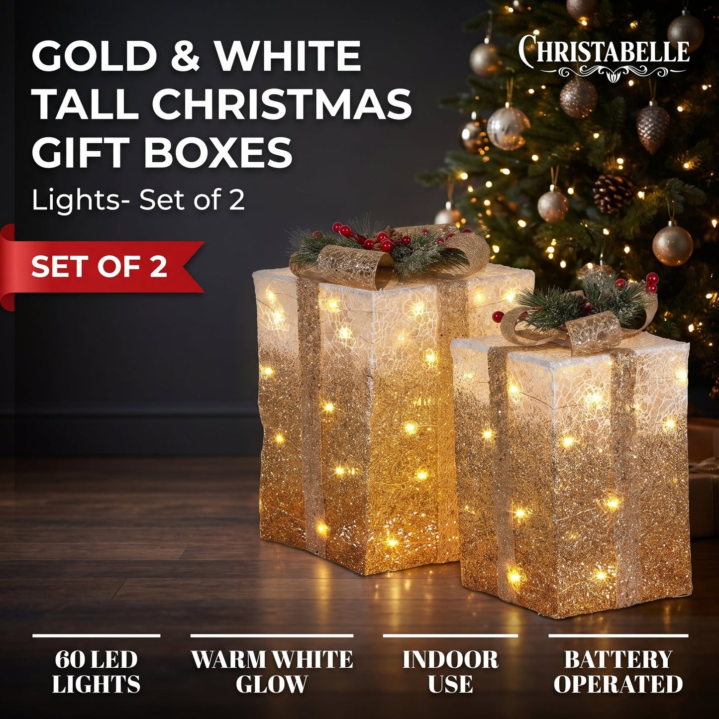 Christabelle 2 Gold White Christmas Gift Boxes Light Up Display 41cm 35cm Indoor Xmas Festive Decoration