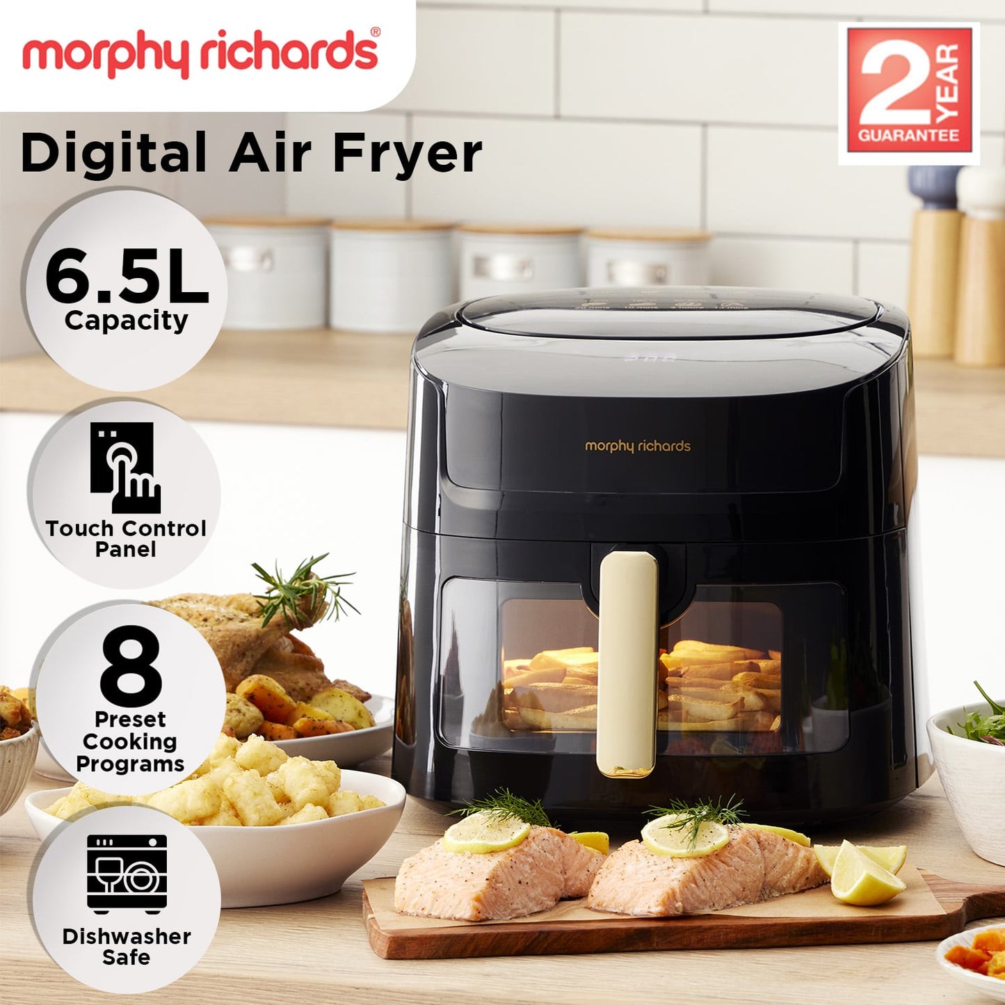 Morphy Richards 6.5L Digital Air Fryer MRAF72BK LED Touch Panel 8 Preset Cooking Programs Non Stick Drawer - Black