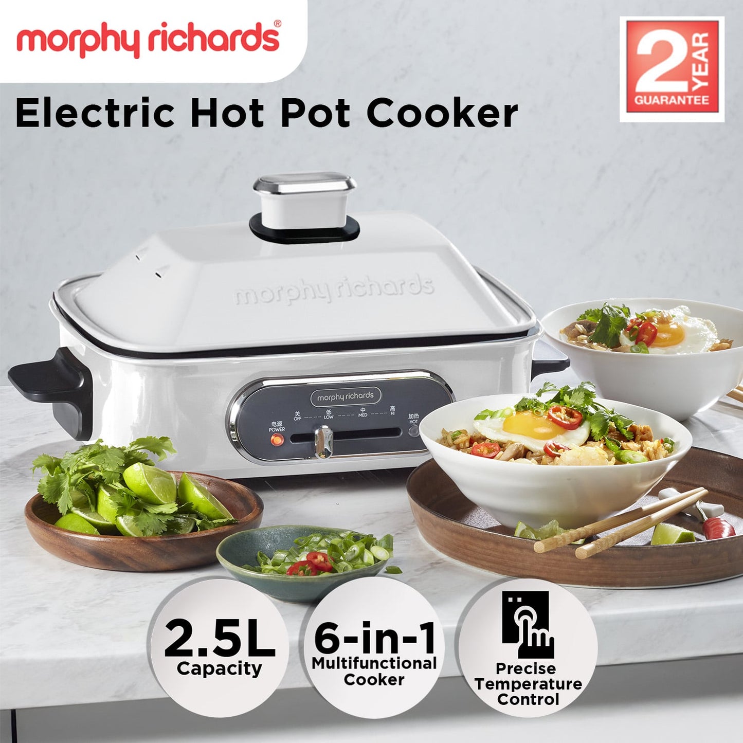 Morphy Richards MRMP25WT Non-Stick Electric Hot Pot Cooker 2.5L Dual Pot - White