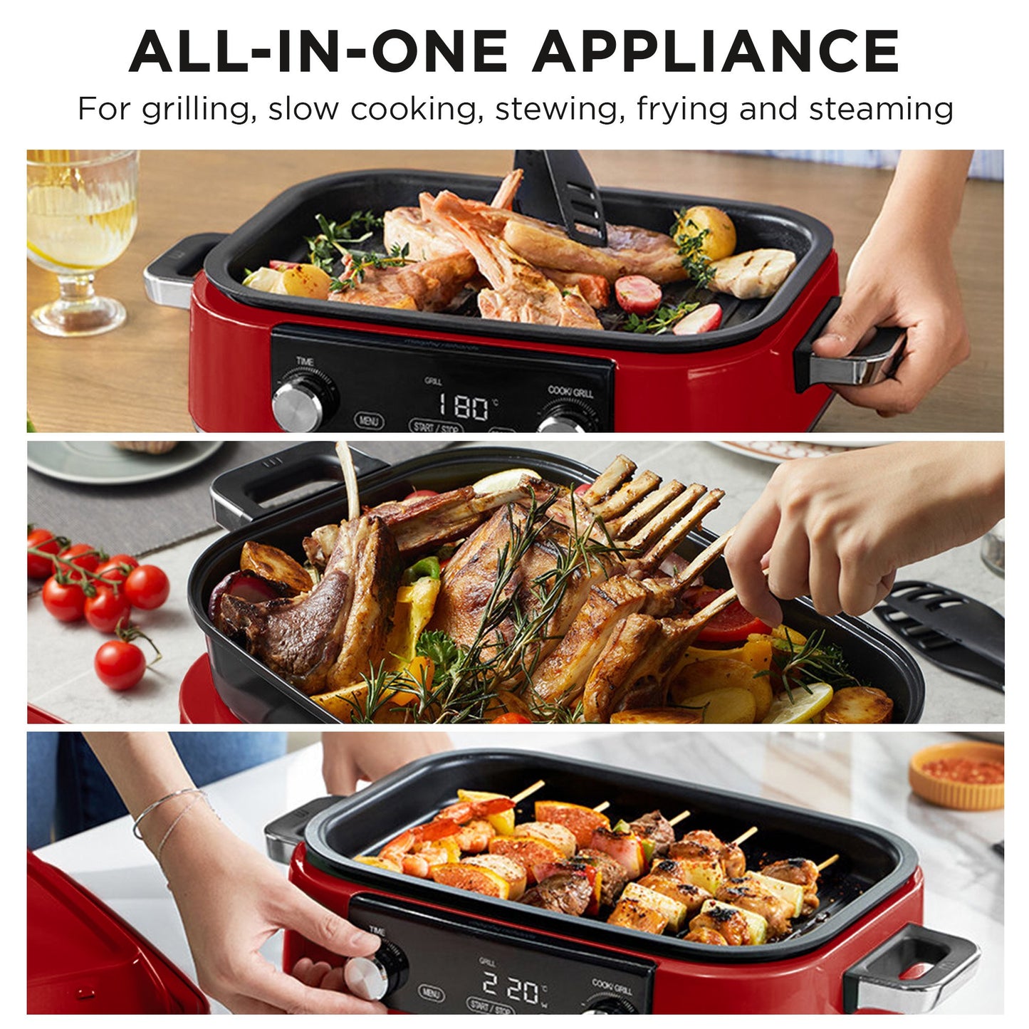 Morphy Richards 3L Non-Stick Multifunction Electric Cooker Pan in Red