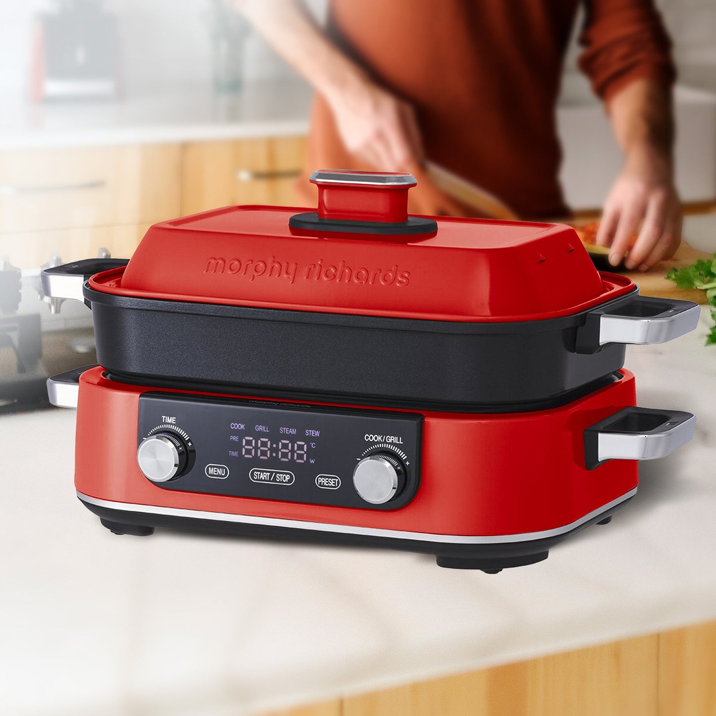Morphy Richards 3L Non-Stick Multifunction Electric Cooker Pan in Red