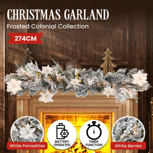 Christabelle 2.74m Christmas Garland Snow Frosted Colonial Tree Decoration Ornament White Green