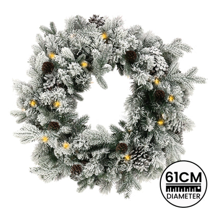 Christabelle 61cm Snowy Christmas Wreath with LED Lights Dorchester Pine Cones Front Door Decoration Ornament