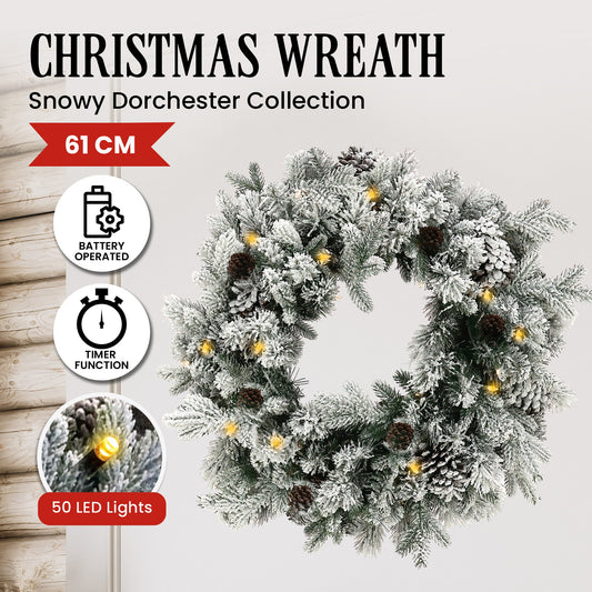 Christabelle 61cm Snowy Christmas Wreath with LED Lights Dorchester Pine Cones Front Door Decoration Ornament