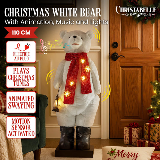Christabelle Large 1.1m Musical Animated LED White Christmas Bear Decoration Light-Up Lantern Ornament