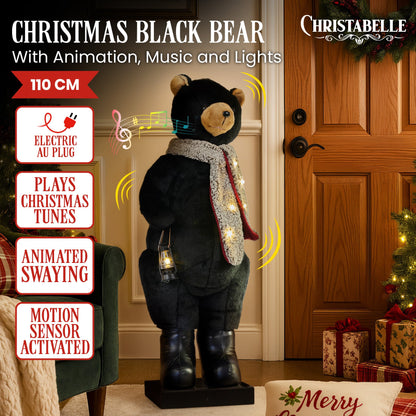 Christabelle Large 1.1m Musical Animated LED Black Christmas Bear Decoration Ornament