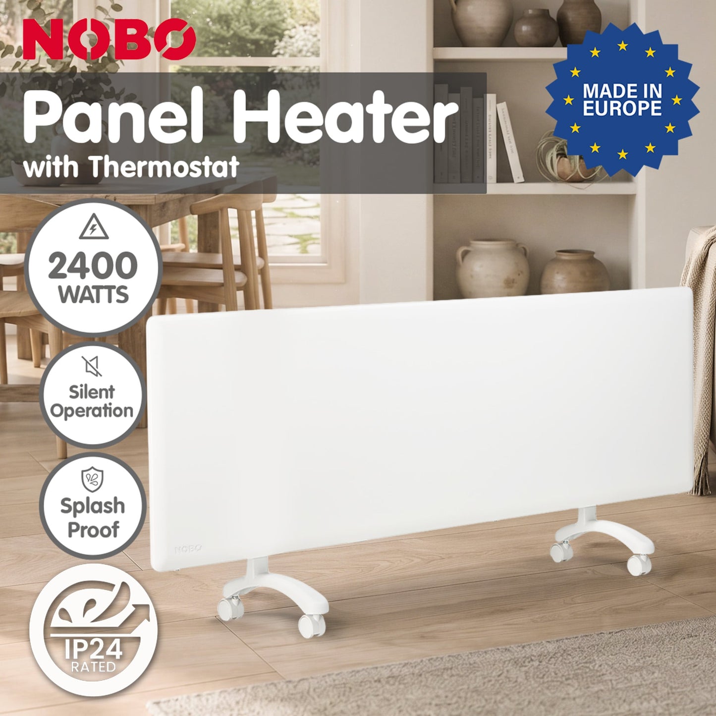Nobo 2400W NTL4S24-FS40 Electric Panel Heater Thermostat & Castors