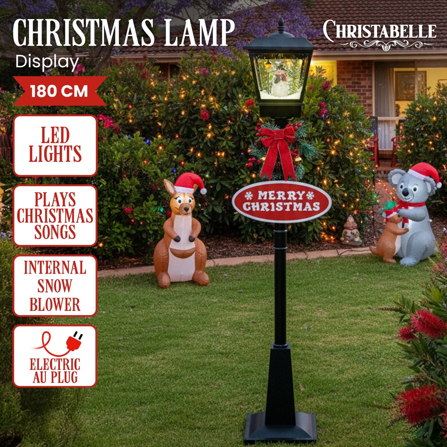 Christabelle 1.8m Christmas Lamp Post Outdoor Display Decoration LED Lights Front Yard Lawn Statue Ornament Black