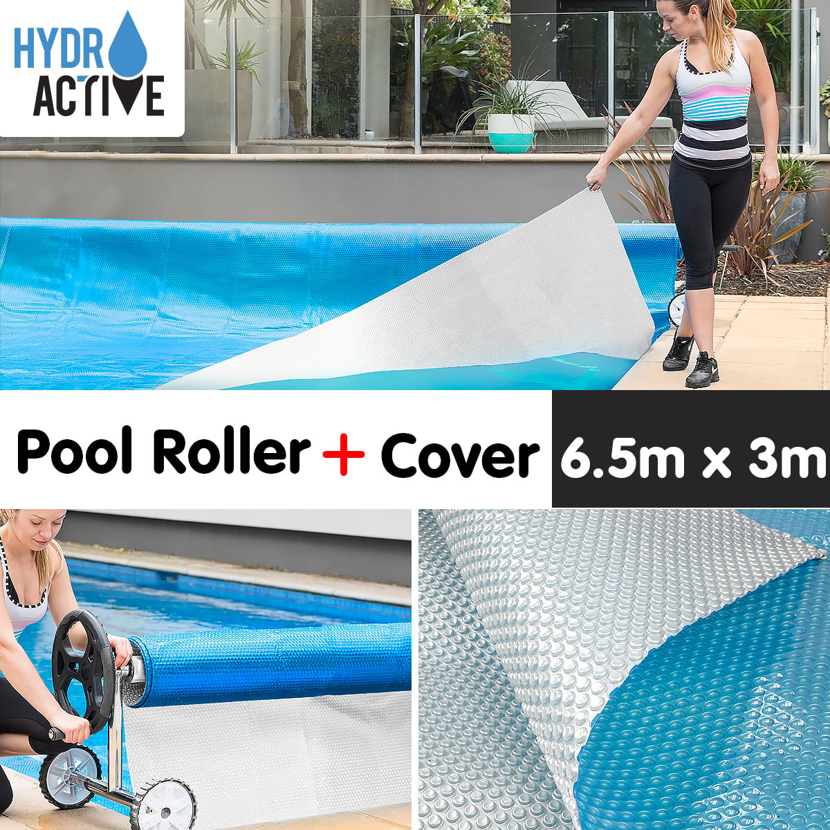 HydroActive 400micron Swimming Pool Roller Cover Combo - Silver/Blue - 6.5m x 3m