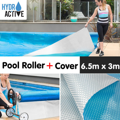 HydroActive 400micron Swimming Pool Roller Cover Combo - Silver/Blue - 6.5m x 3m