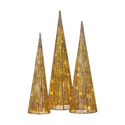 Christabelle Pre-Lit Gold Cone Christmas Trees Set of 3 Warm White LED Lights Outdoor Adaptor Varying Heights Indoor Outdoor Holiday Dcor