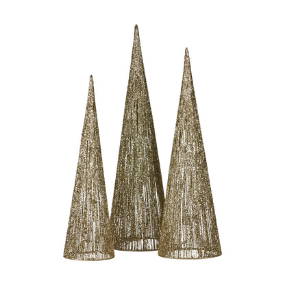 Christabelle Pre-Lit Gold Cone Christmas Trees Set of 3 Warm White LED Lights Outdoor Adaptor Varying Heights Indoor Outdoor Holiday Dcor