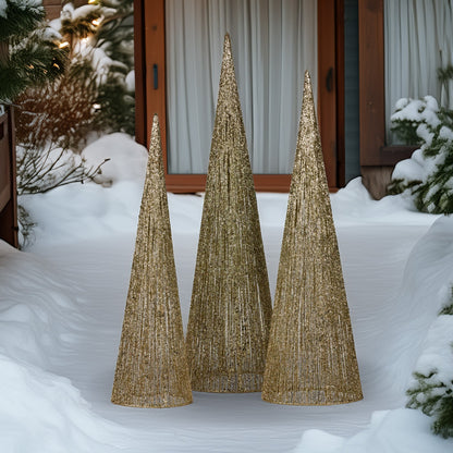 Christabelle Pre-Lit Gold Cone Christmas Trees Set of 3 Warm White LED Lights Outdoor Adaptor Varying Heights Indoor Outdoor Holiday Dcor