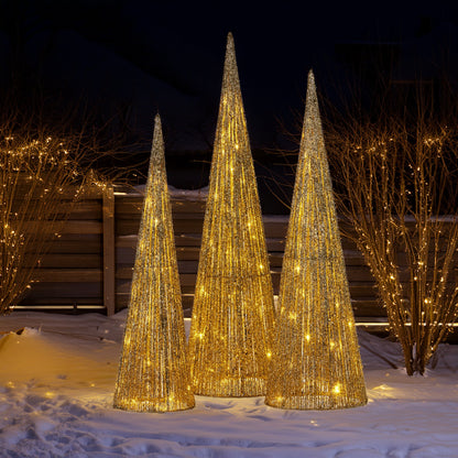 Christabelle Pre-Lit Gold Cone Christmas Trees Set of 3 Warm White LED Lights Outdoor Adaptor Varying Heights Indoor Outdoor Holiday Dcor