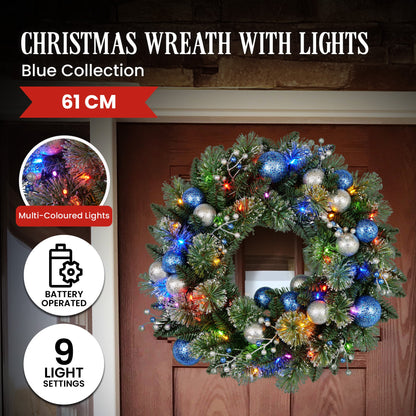 Christabelle 61cm Christmas Wreath Blue Silver Baubles Multicolour LED Lights Front Door Decoration Ornament