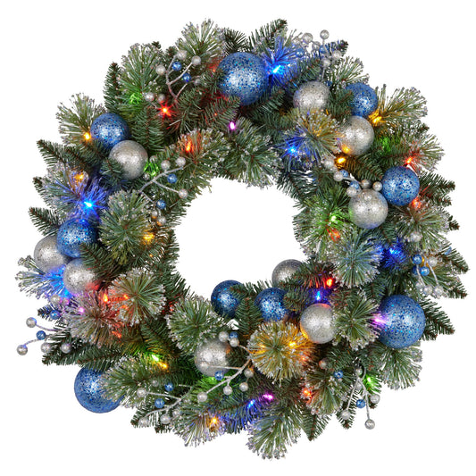 Christabelle 61cm Christmas Wreath Blue Silver Baubles Multicolour LED Lights Front Door Decoration Ornament