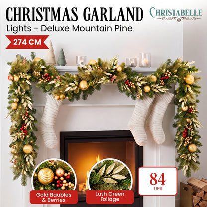 Christabelle 2.74m Deluxe Mountain Pine Christmas Garland Pre Lit Multi Function LED Timer Indoor Festive Holiday Decor