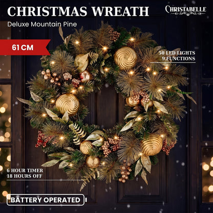 Christabelle 61cm Deluxe Mountain Pine Christmas Wreath Pre Lit Multi Function LED Timer Front Door Xmas Decoration Home